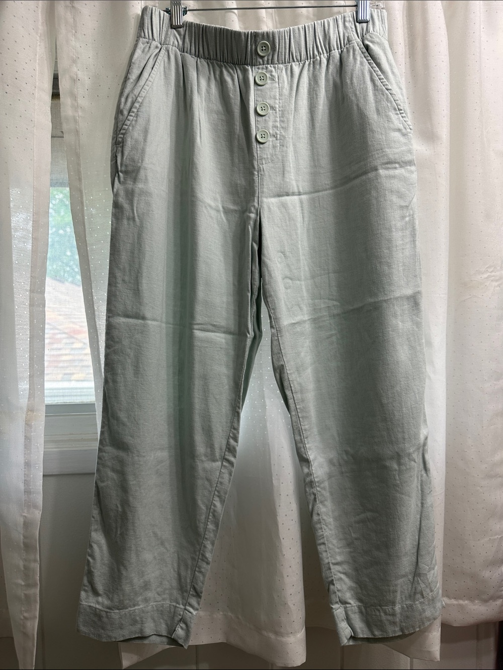LOFT Light Sage Button-Front Relaxed Pants